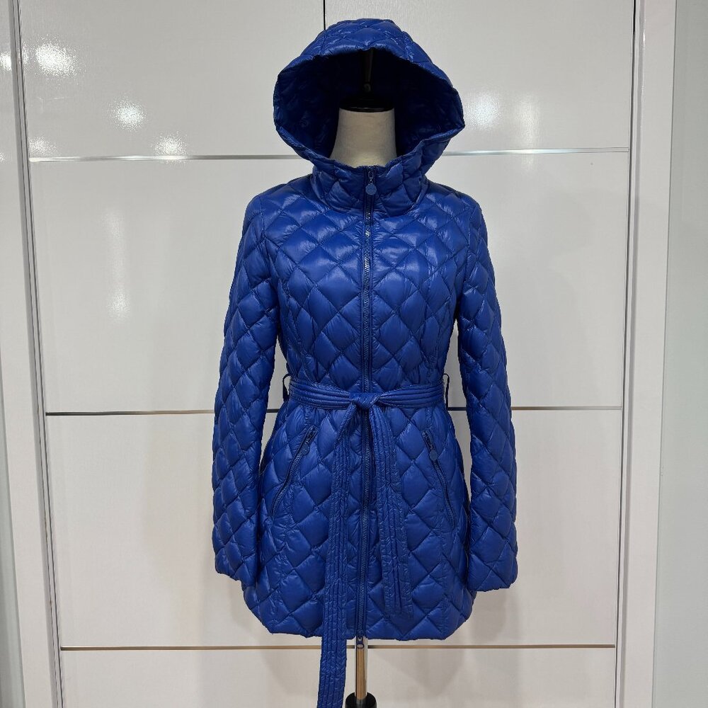 Miss Sun women's ultra lightweight  blue quilted coat with a belt, Size L